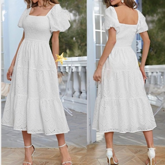 Luxe white lace puff sleeve shirred maxi dress - Picture 5 of 6